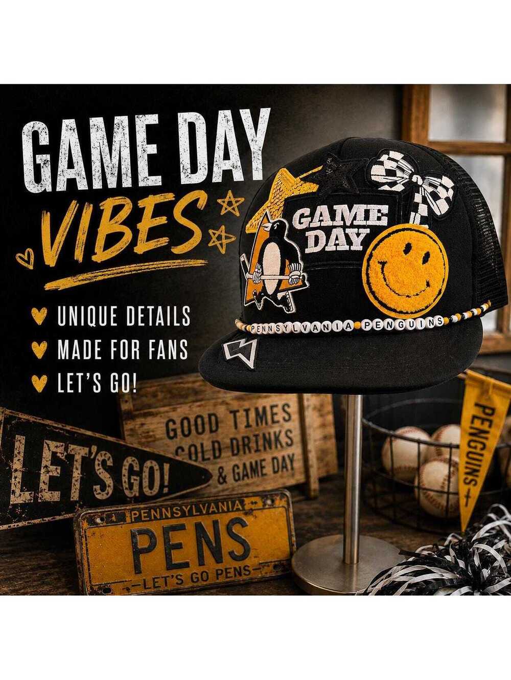 Pittsburgh Penguins Embellished Trucker Hat | Game Day Fan Cap (Black & Gold)